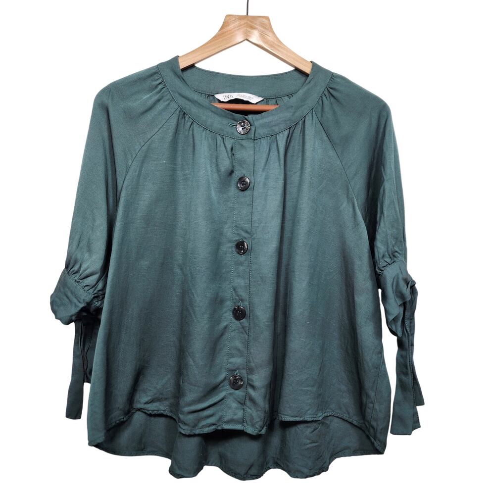 Zara Dark Green Cropped Button Up Blouse Size Small